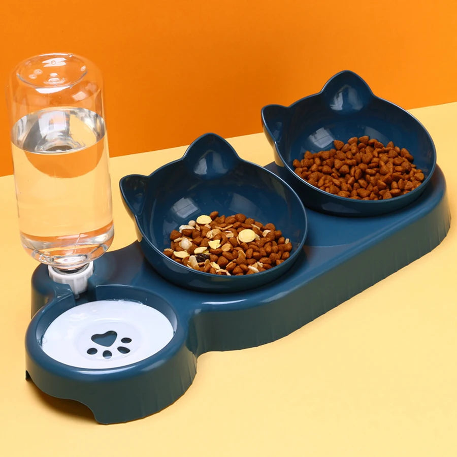 Triple Cat Bowls Pet Feeder, 2-in-1 Double Bowls with Automatic