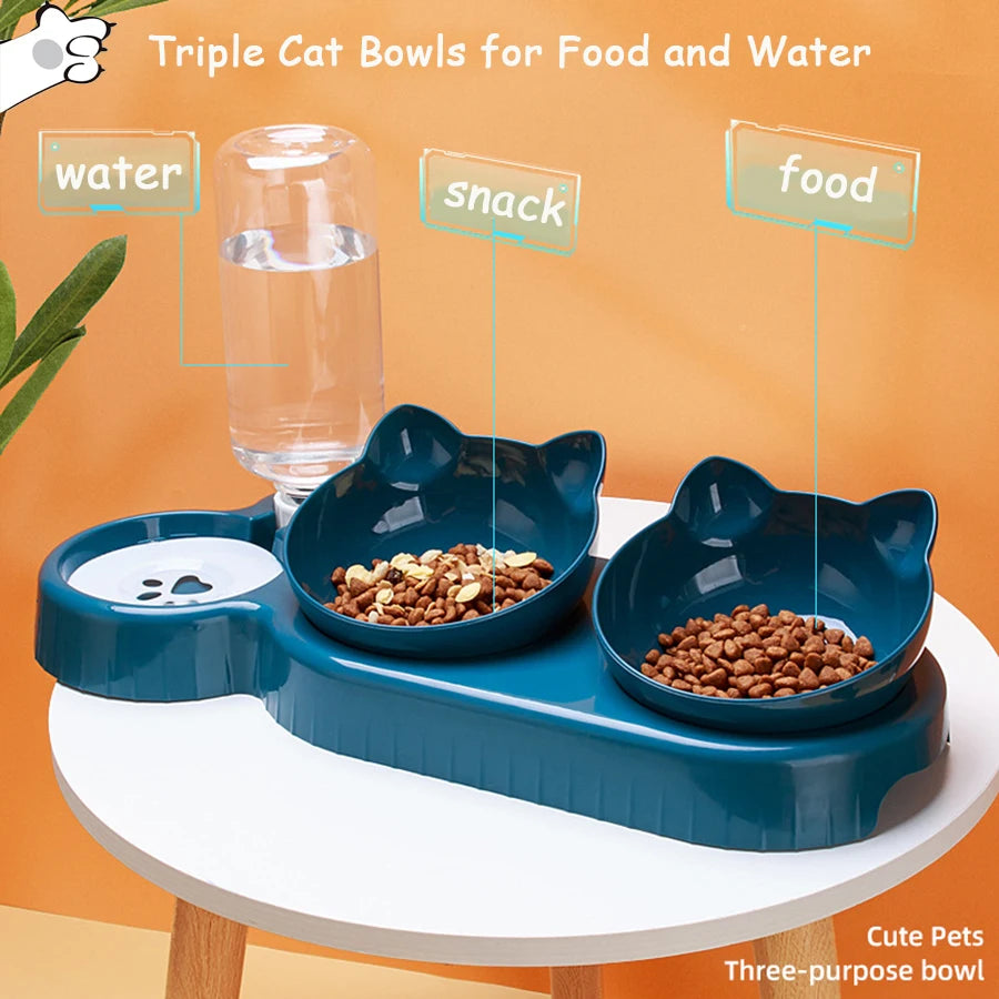 Triple Cat Bowls Pet Feeder, 2-in-1 Double Bowls with Automatic