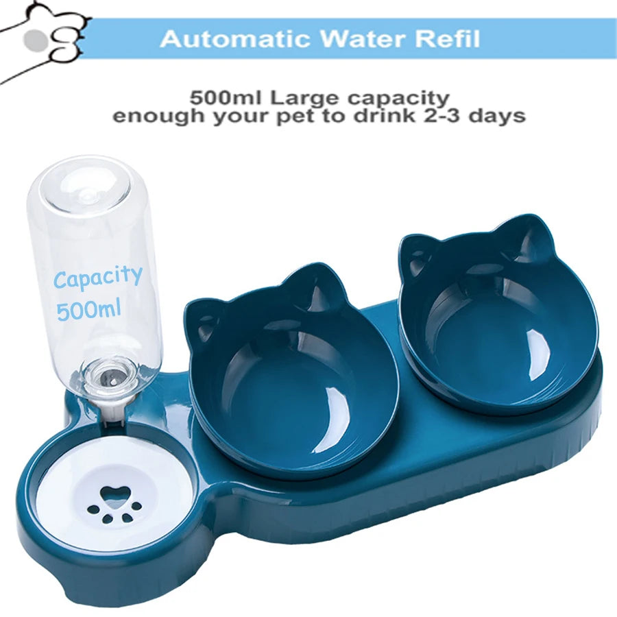 Triple Cat Bowls Pet Feeder, 2-in-1 Double Bowls with Automatic